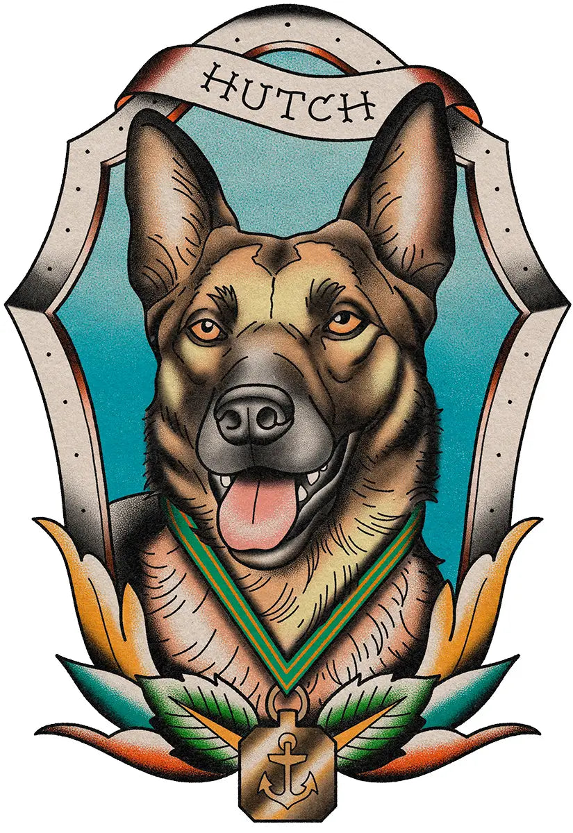 Hutch, a navy seal working dog in american traditional art flash