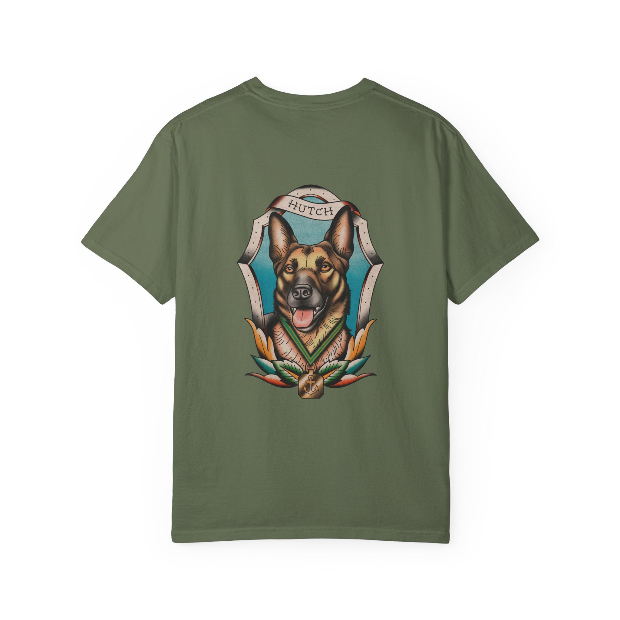 Green t-shirt with a dog graphic and 'Hutch' text on the back, on a white background